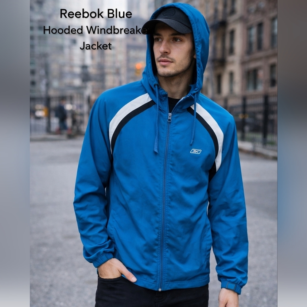 Reebok Blue Hooded Windbreaker Jacket Size S Lightweight Zip Up Athletic Jacket